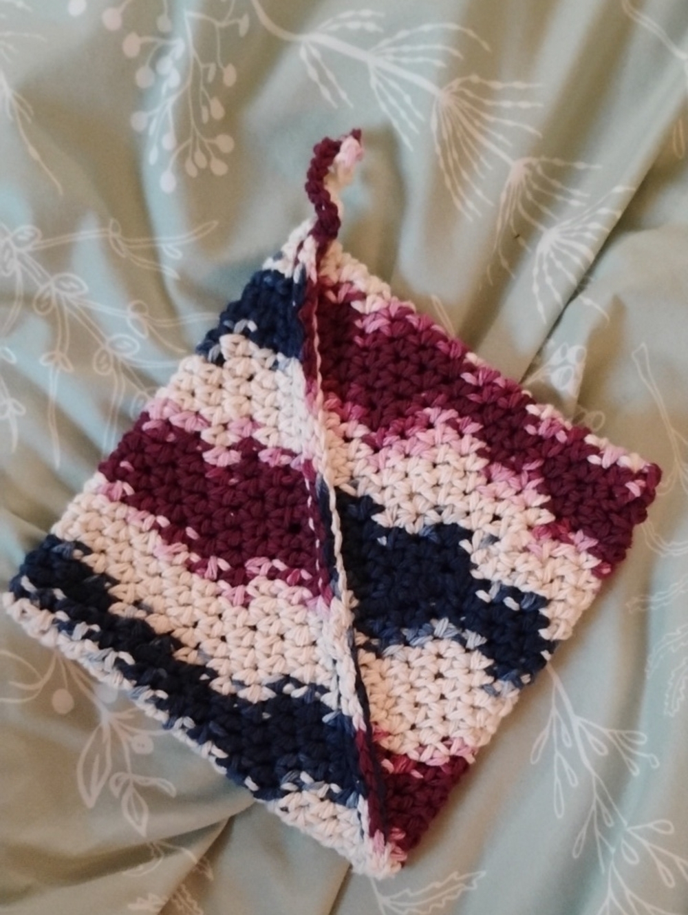 Handmade Crochet Cotton Potholder in Navy, Red & Cream